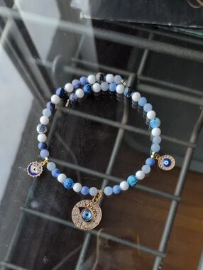Blue And White Agate, Adventureine Evil Eye Charm Memory Wire Choker